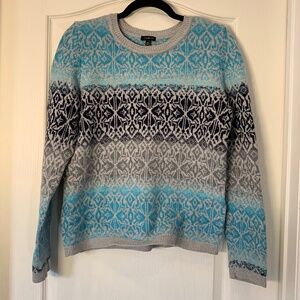 Talbots – Women’s Patterned Knit Sweater, Crew Neck (M) grey and blues